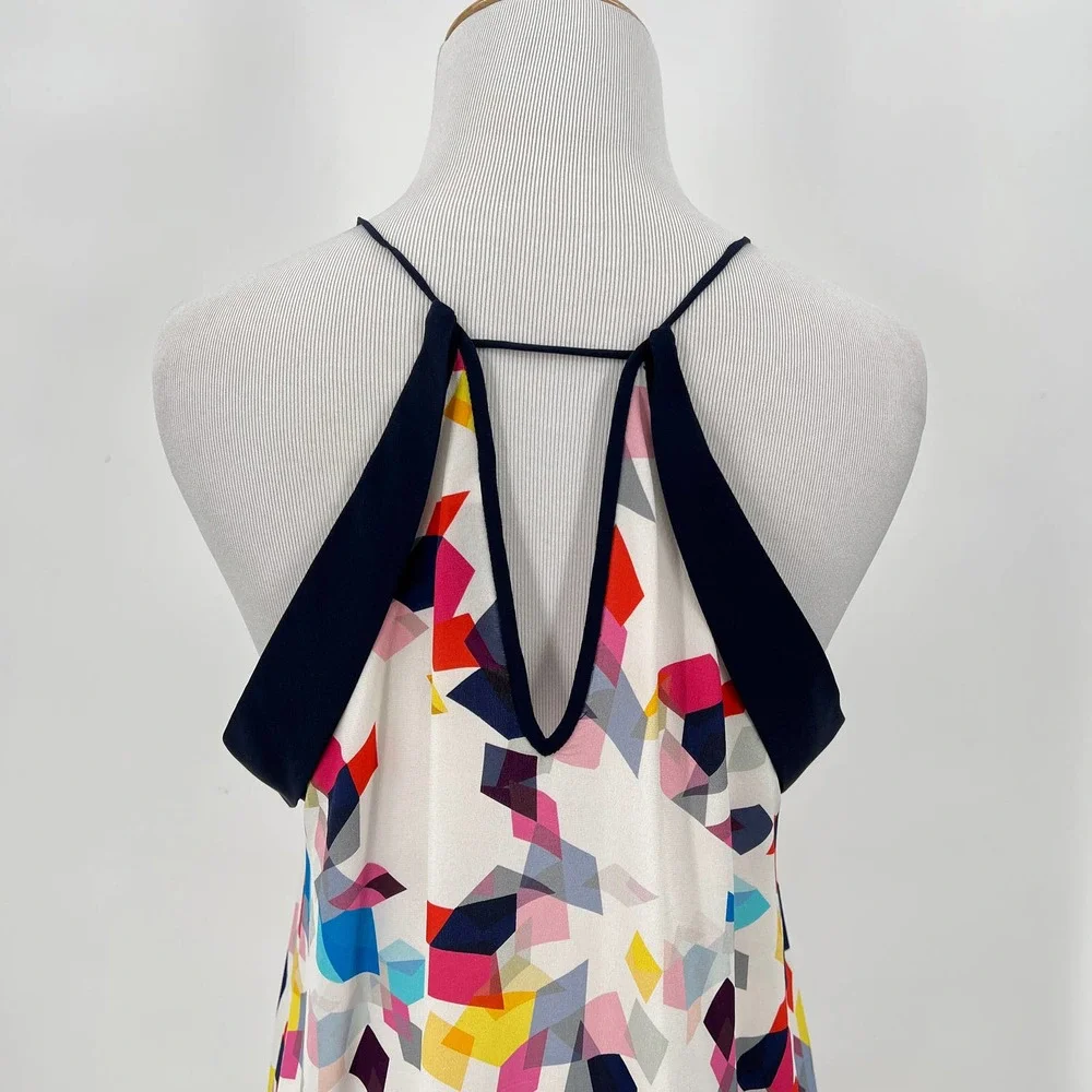 TRINA TURK Shirt Womens Small White Navy Silk Top Multicolored Geo Print Halter - Picture 5 of 9